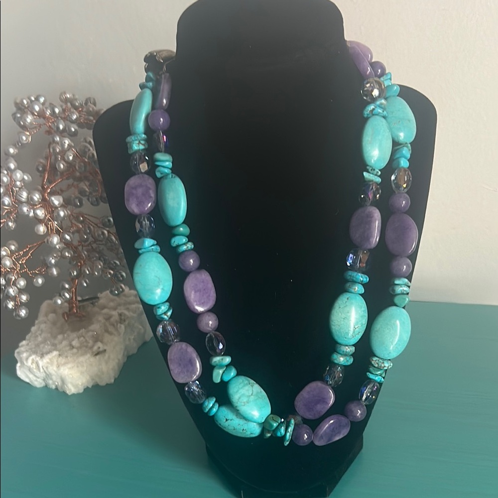 Artisan Double Layer Chunky Turquoise and Amethyst Dyed Stone Bead Necklace